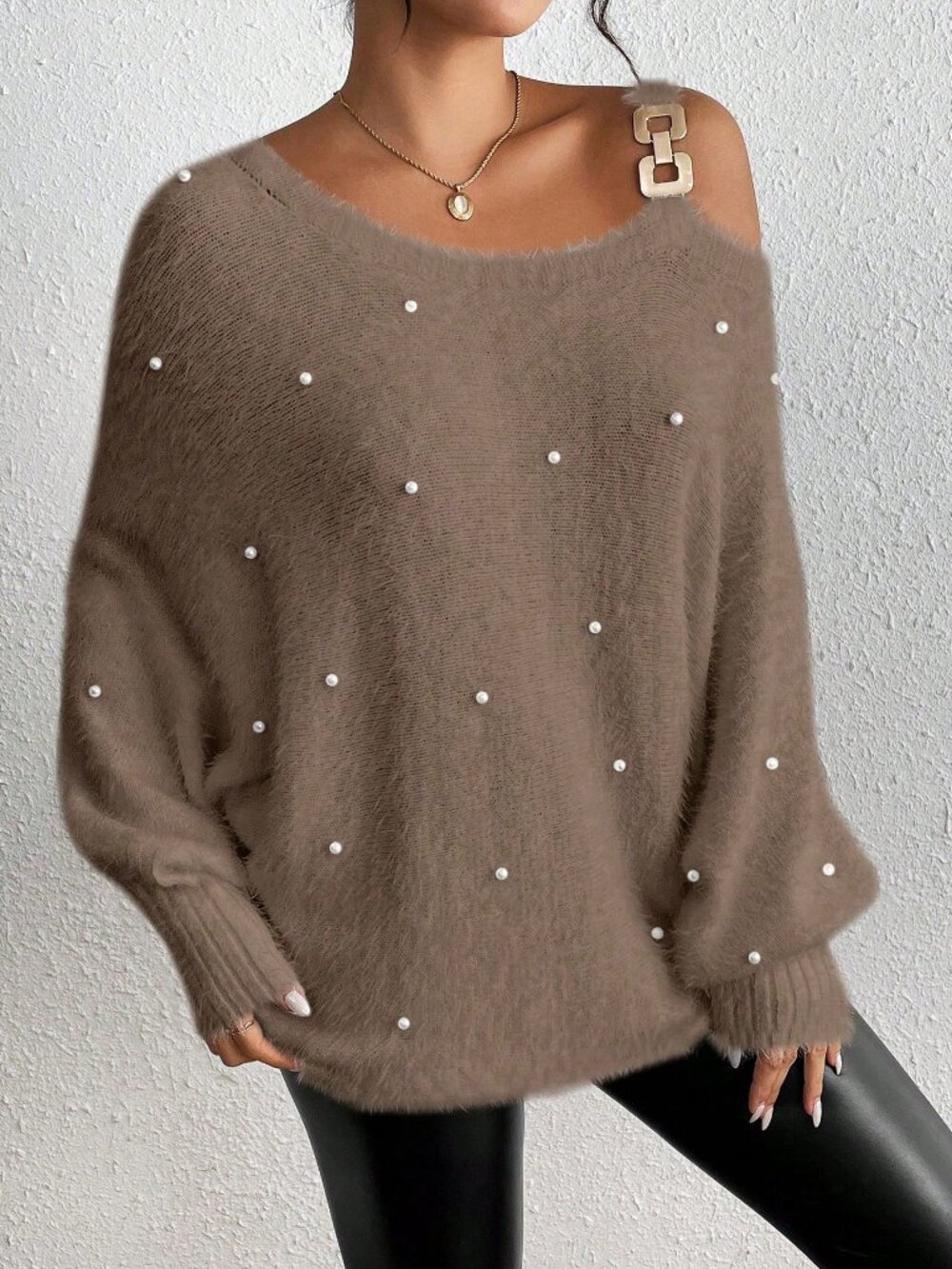 Mocha Brown Casual Women's Asymmetric Pearls Batwing Loose Knit Pullover - Picture 4 of 8